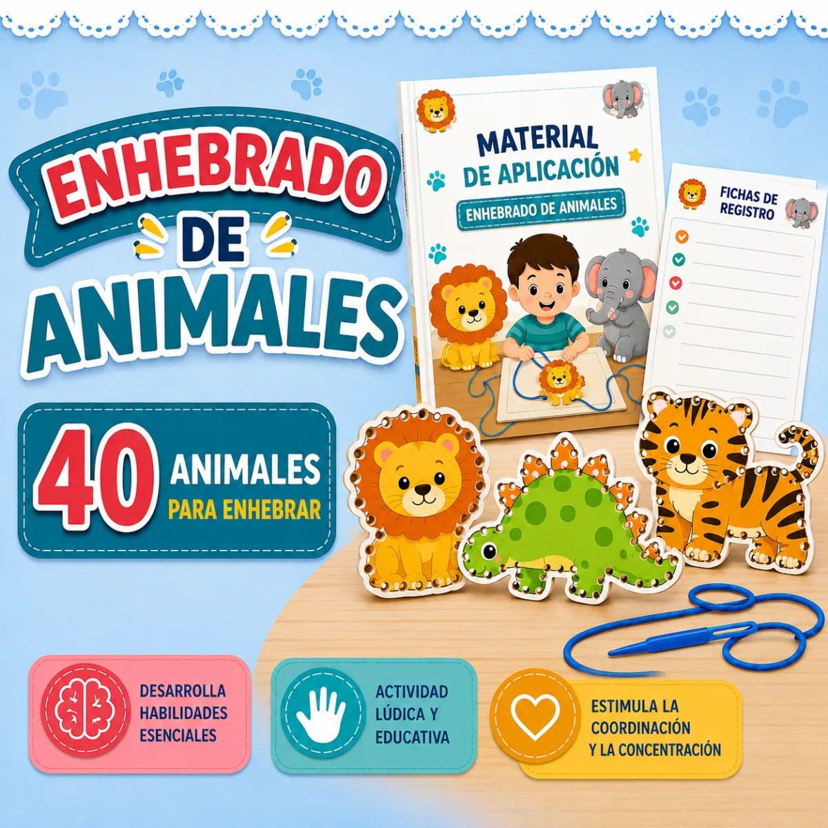 Kit Enhebrado de Animales: 40 figuras para enhebrar, aguja de punta roma, material de aplicación y fichas complementarias